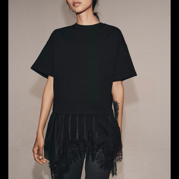 Zara Tops - Zara Combination Black Shirt Lace-Hem Short Sleeve Top